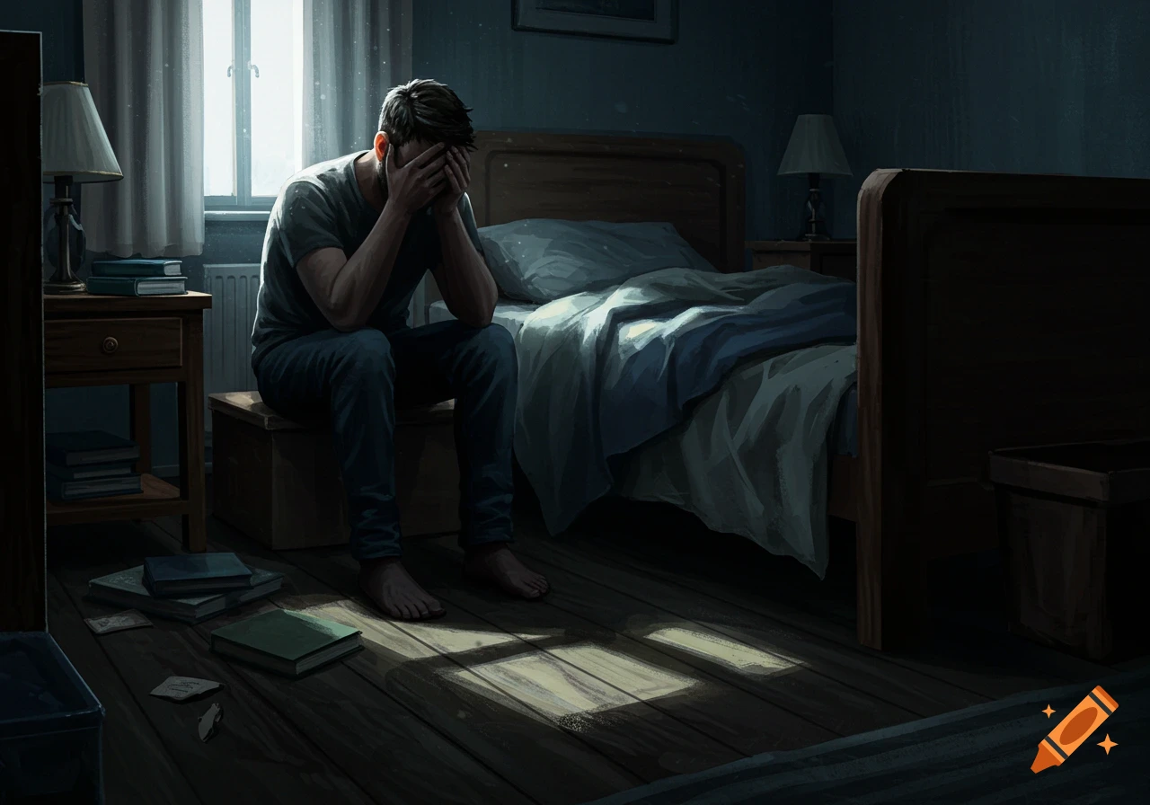 An illustrated man sits on a stool in a dark bedroom, covering his face in despair by a window.