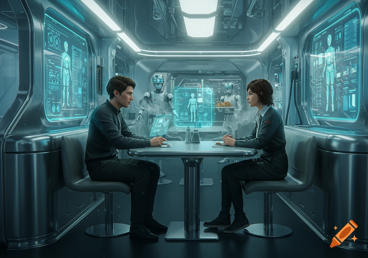 Two people sit at a table in a futuristic cafe, robots and holographic screens visible in the background, photorealistic style.