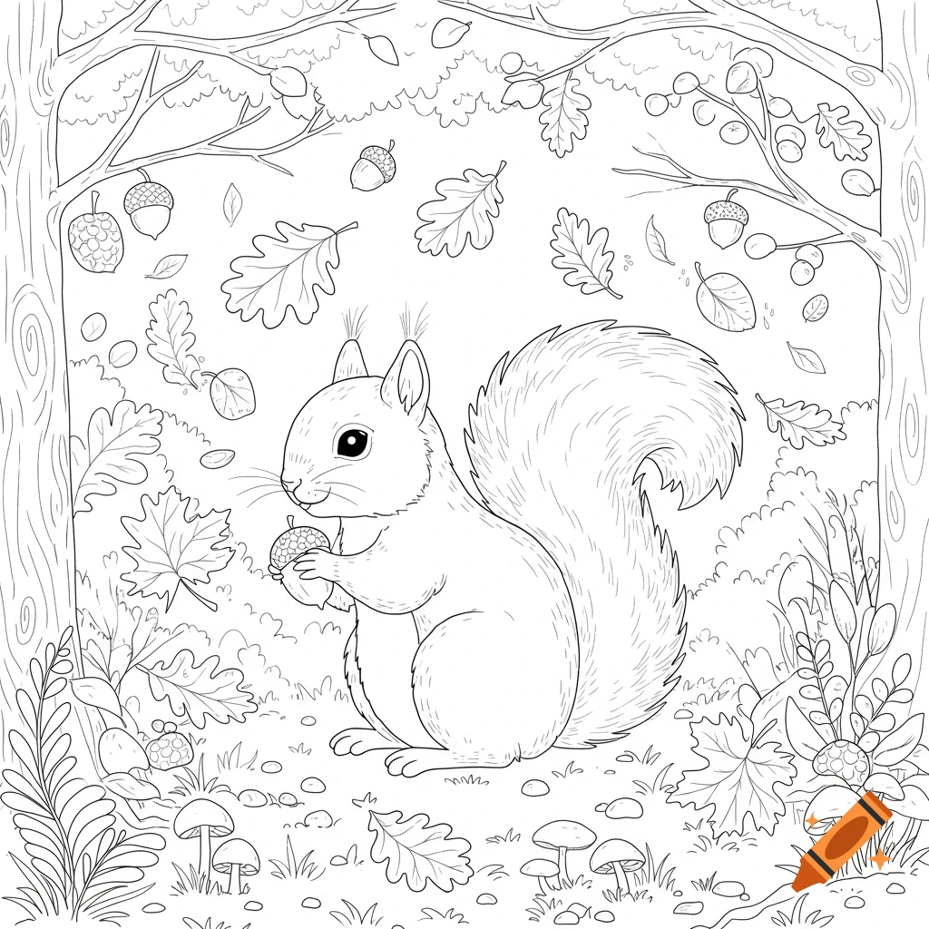 A cute squirrel holding an acorn in an autumn forest, line art style for a coloring page.