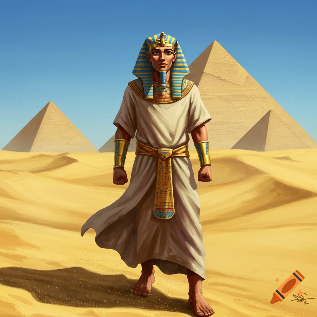 An Egyptian pharaoh stands barefoot in a desert landscape with three pyramids under a blue sky, in a stylized illustration.
