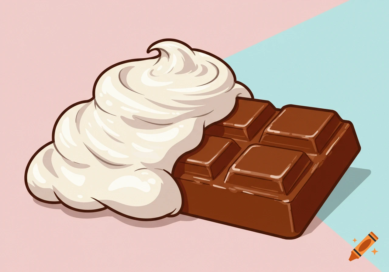 A stylized clip art illustration of a chocolate bar covered in white marshmallow fluff on a pink and blue background.