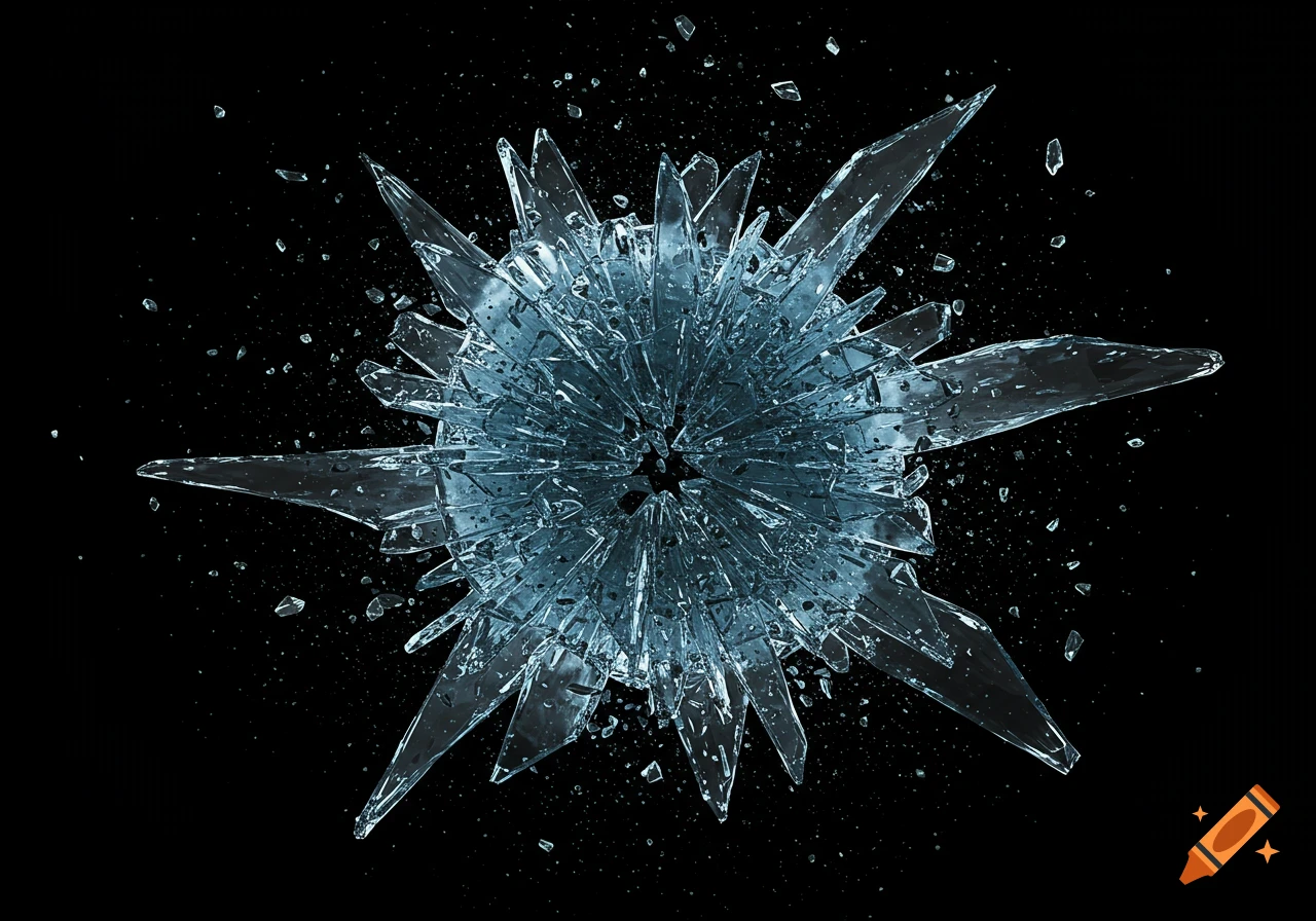 Photorealistic image of shattered glass exploding outwards from a central point against a black background.