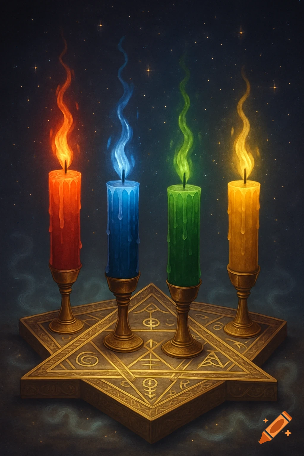 Four colorful candles on a golden star-shaped base with alchemical symbols under a starry sky.