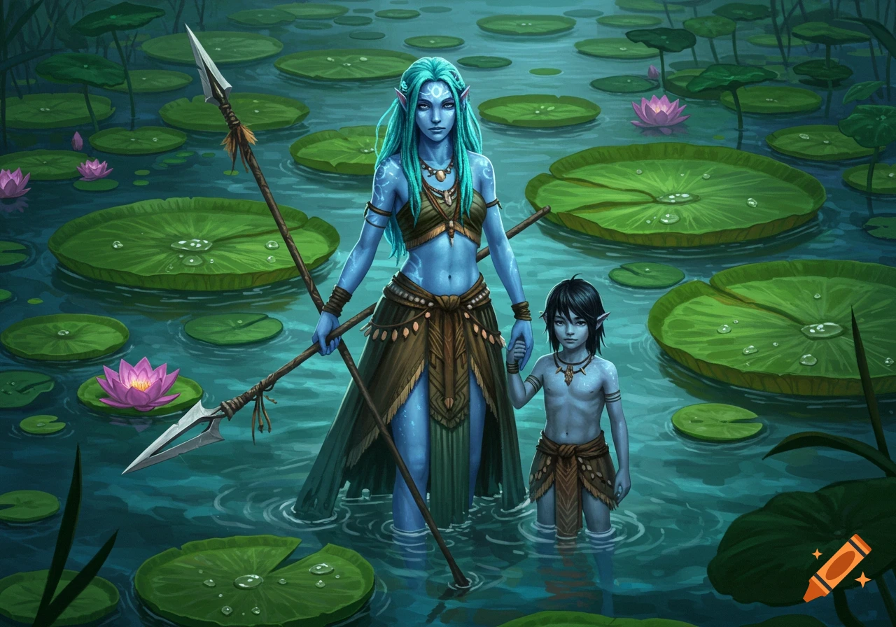 Blue-skinned aquatic humanoid guardian with spear and her son stand in a pond with lily pads and lotus flowers in a realistic fantasy style.