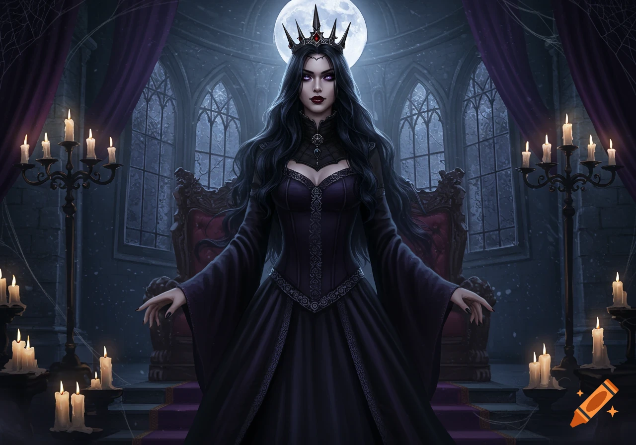 A gothic vampire queen with long black hair, purple eyes, and a spiked crown stands in a dark castle hall with lit candles and a full moon.