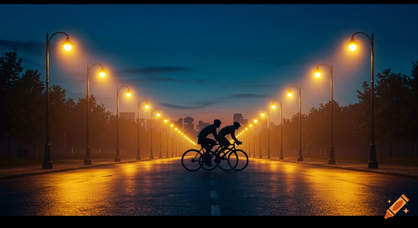 Two cyclists silhouetted on a wet urban street at night, illuminated by a long line of bright streetlights and a distant city skyline.