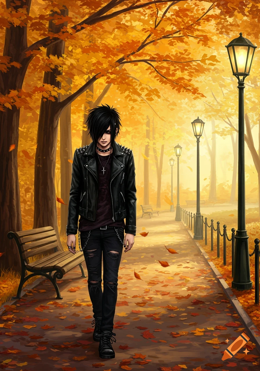 Illustrated emo guy with black hair in a leather jacket walks through an autumn park filled with orange leaves, benches, and lampposts.
