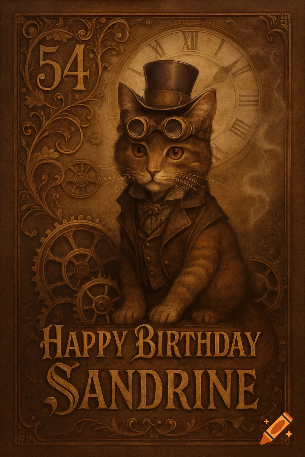 Sepia-toned steampunk birthday card with a cat in a top hat and goggles, 'Happy Birthday Sandrine' and '54'.