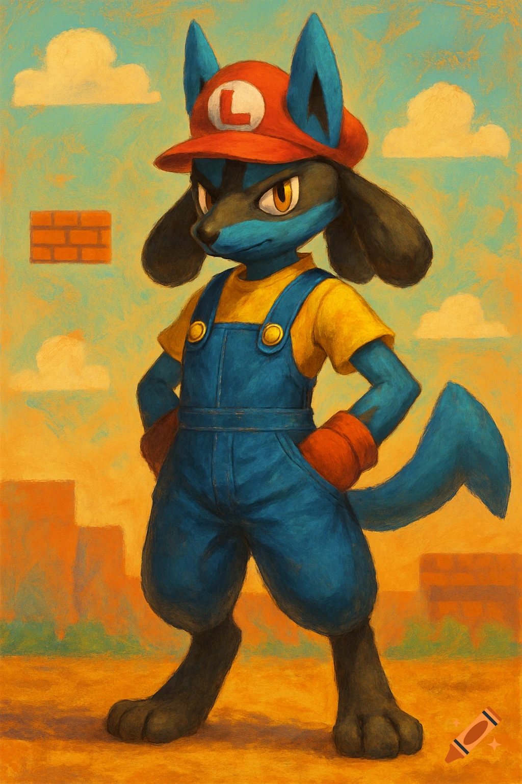 Painterly illustration of Lucario from Pokemon dressed as Mario, wearing blue overalls, a yellow shirt, and a red cap with an L, standing in a stylized landscape.