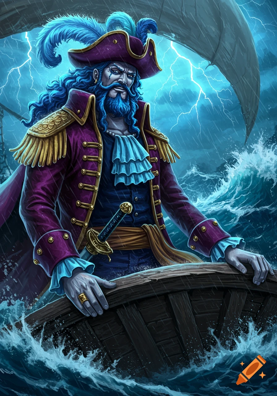 A stylized blue-bearded pirate captain with blue hair and a feathered hat steers his ship through a stormy, lightning-filled sea.