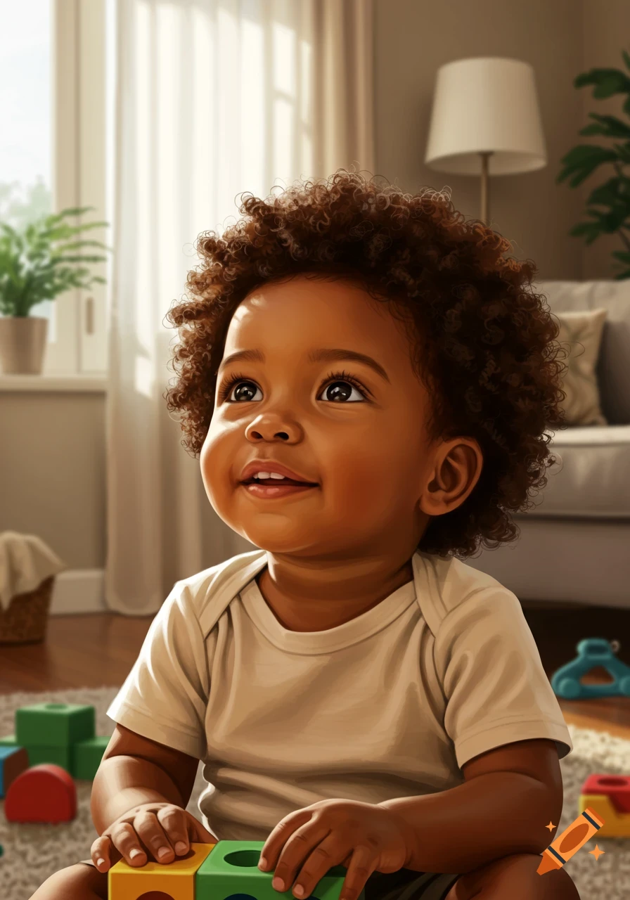 A happy baby with curly hair sits on a rug, smiling and playing with colorful building blocks in a bright room.