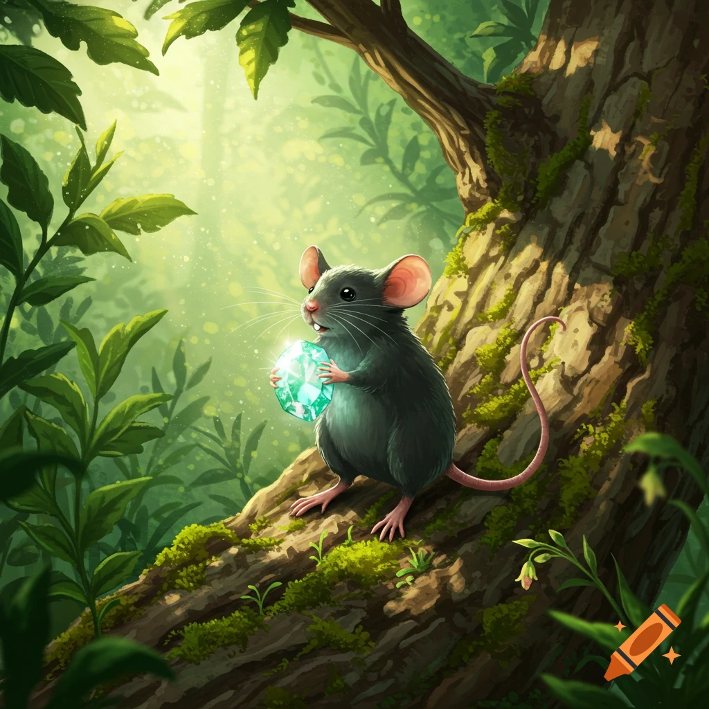 An illustrated mouse sits on a mossy tree trunk in a lush forest, holding a glowing turquoise jewel in its paws.