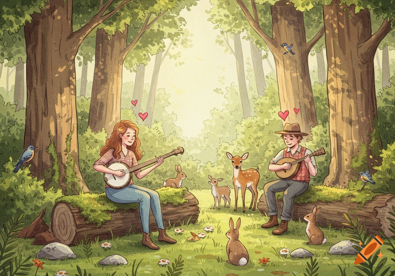 A watercolor sketch of a woman playing banjo and a man playing mandolin in a forest, surrounded by deer, rabbits, and birds, with hearts floating above them.