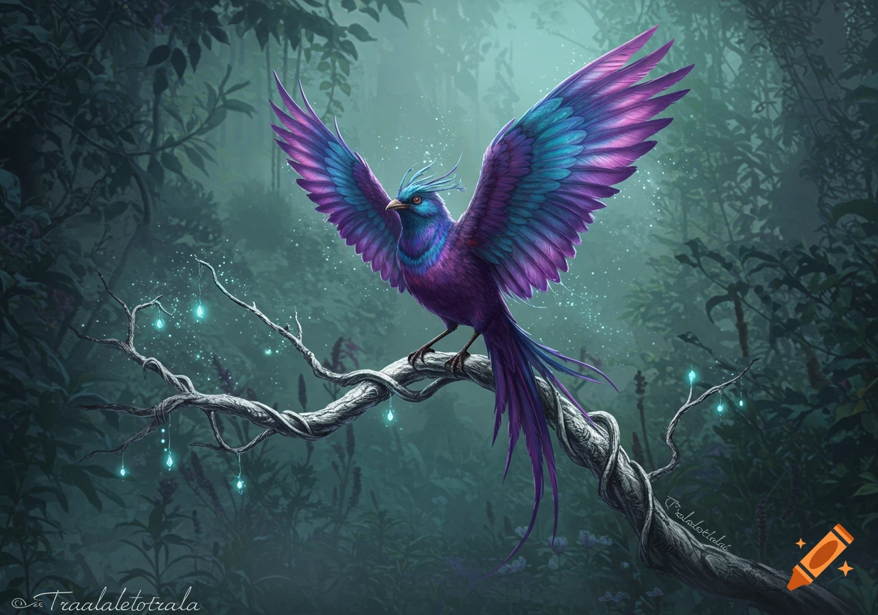 A vibrant purple and teal fantasy bird with spread wings perches on a gnarled branch adorned with glowing blue lights in a misty, magical forest, digital art.