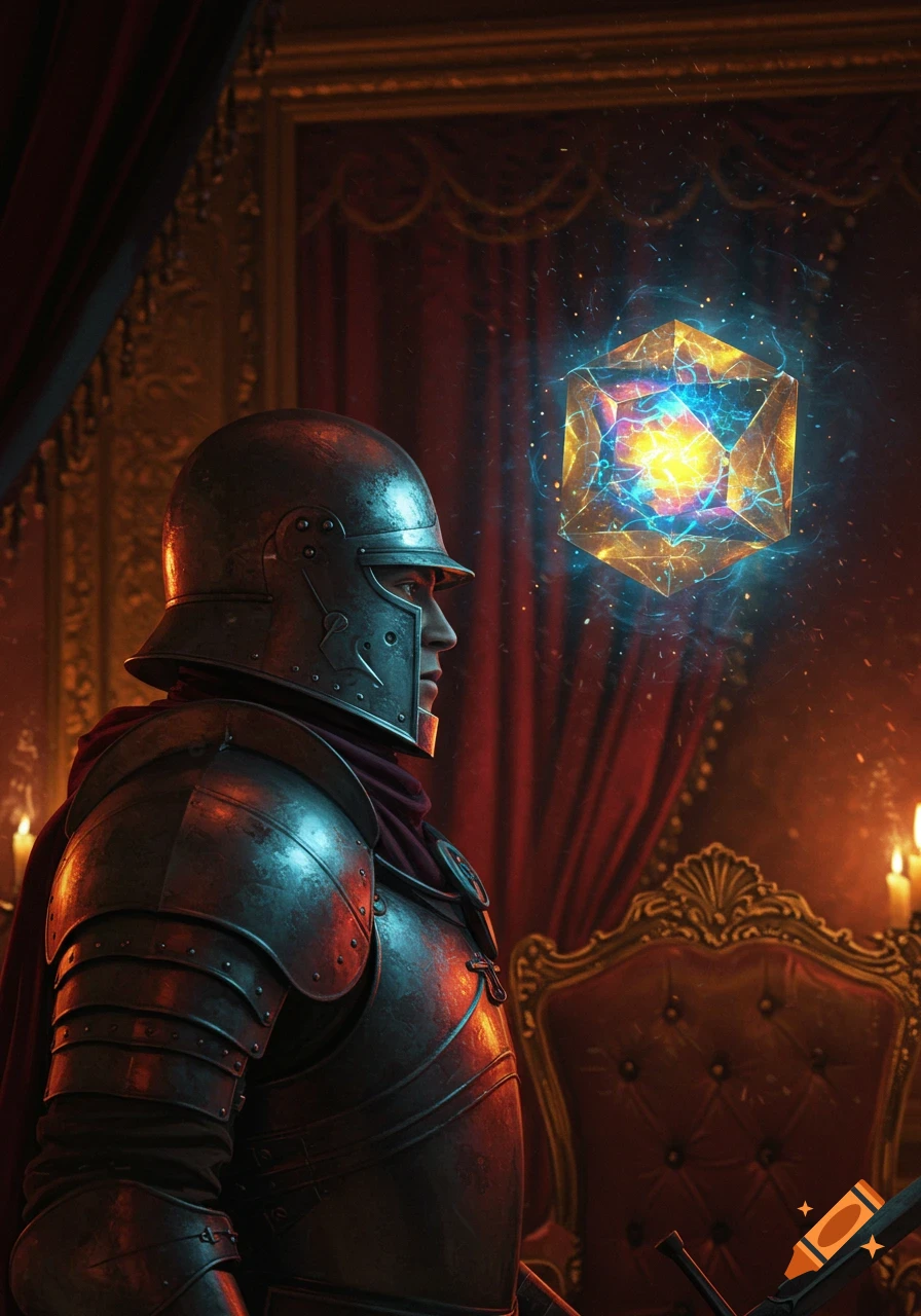 A soldier in ornate armor stands in a richly decorated room, gazing at a glowing, energy-filled cube.