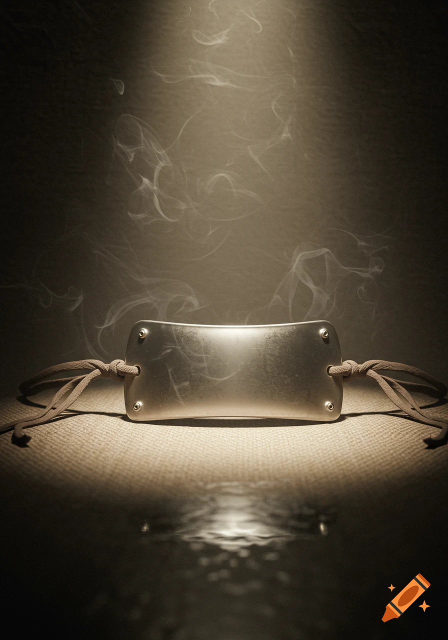 A blank metal forehead protector with laces on a textured surface, spotlighted with wisps of smoke.