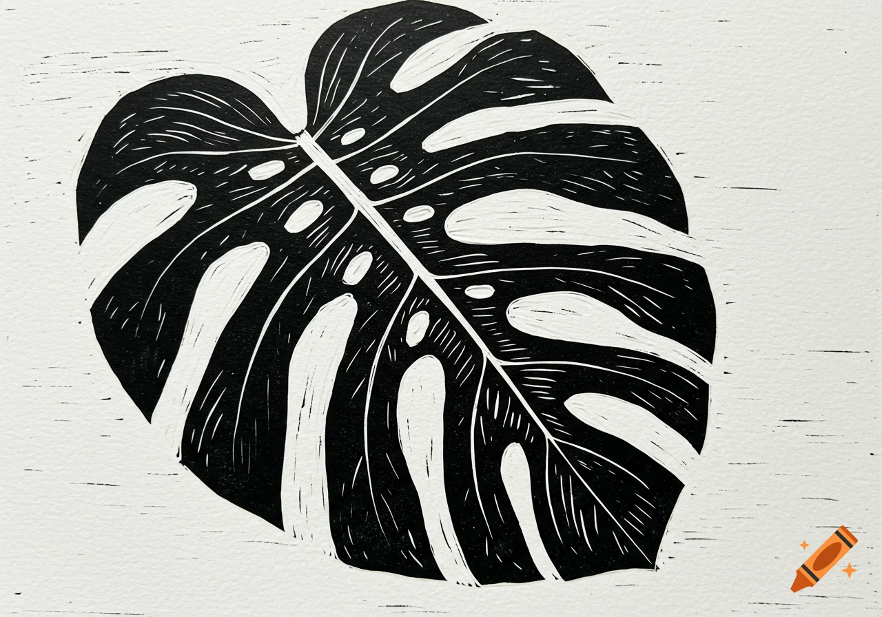 Black and white linocut illustration of a Monstera leaf with bold outlines and white space.