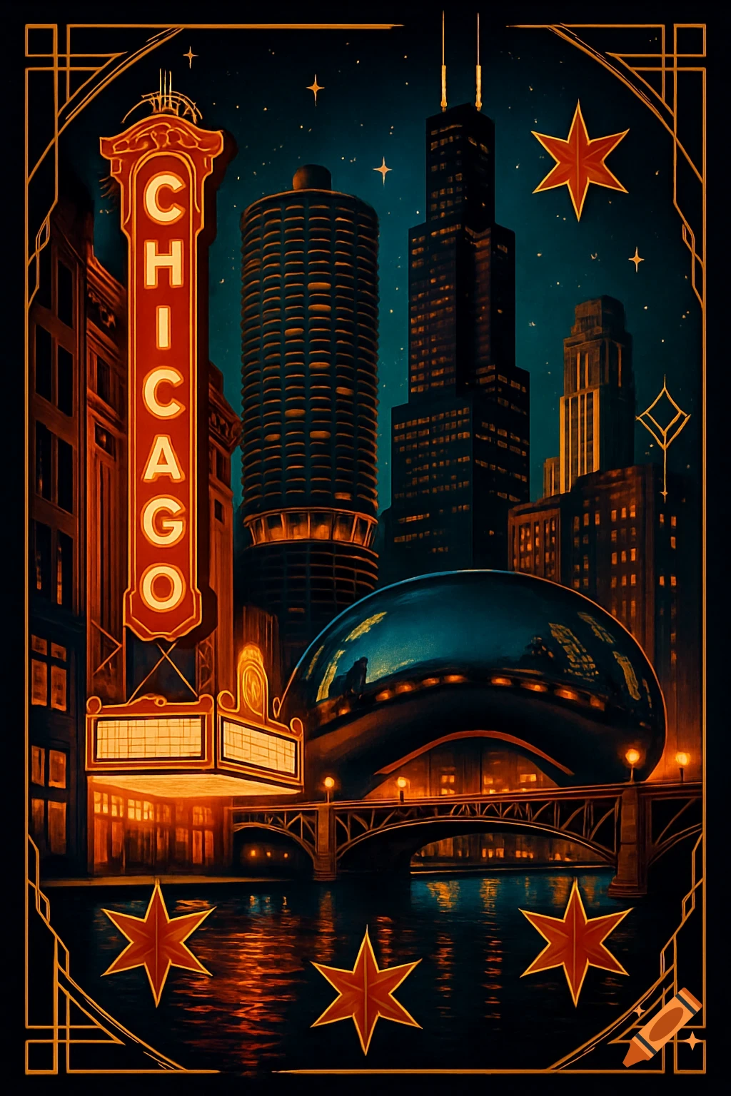 Art Deco style illustration of the Chicago skyline at night with a 'CHICAGO' sign, skyscrapers, the Bean, and bridges over water.