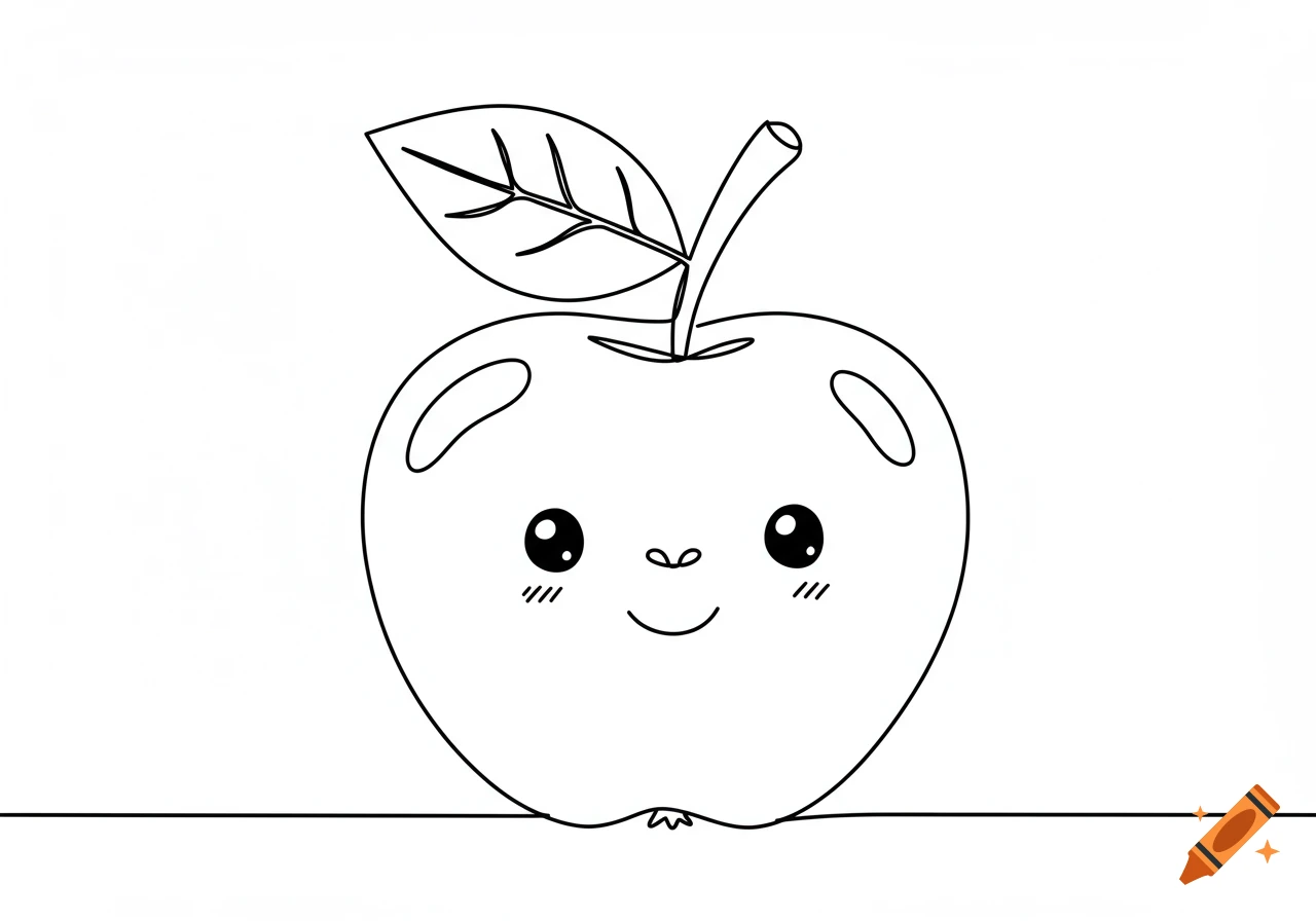 Black and white line drawing of a cute, smiling apple with a leaf and stem, coloring book style.