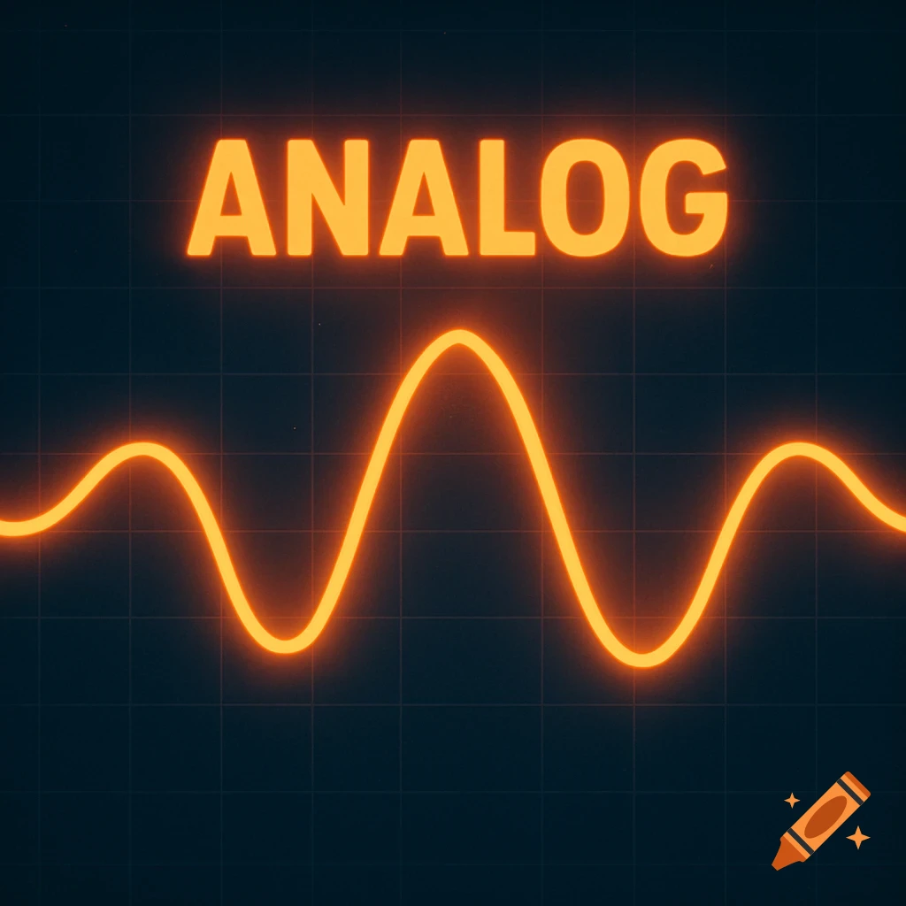 Glowing orange sinusoidal wave graph with the word 'ANALOG' against a dark grid background.
