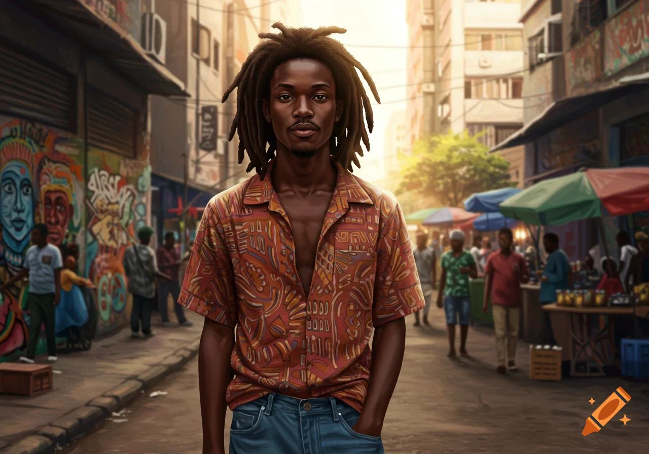 A man with dreadlocks, wearing an open patterned shirt and jeans, stands on a vibrant urban street with graffiti and market stalls.