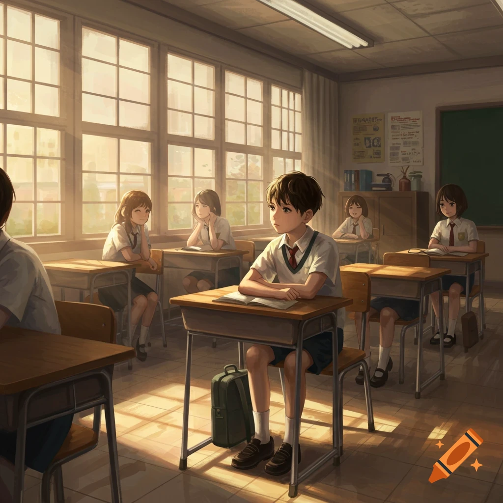 Anime illustration of students sitting at desks in a sunlit classroom.