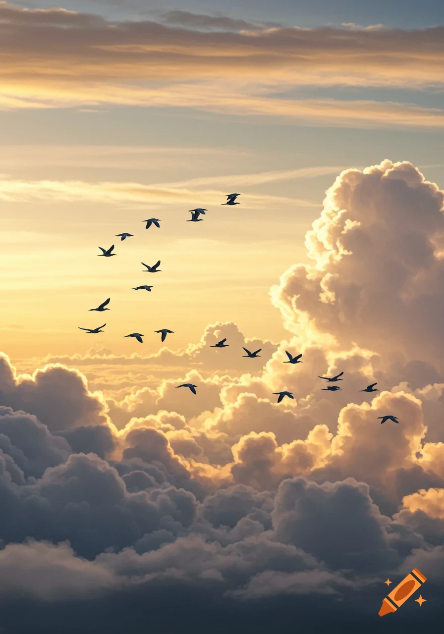 Silhouetted birds fly in a formation through a cloudy, golden sky at sunset.