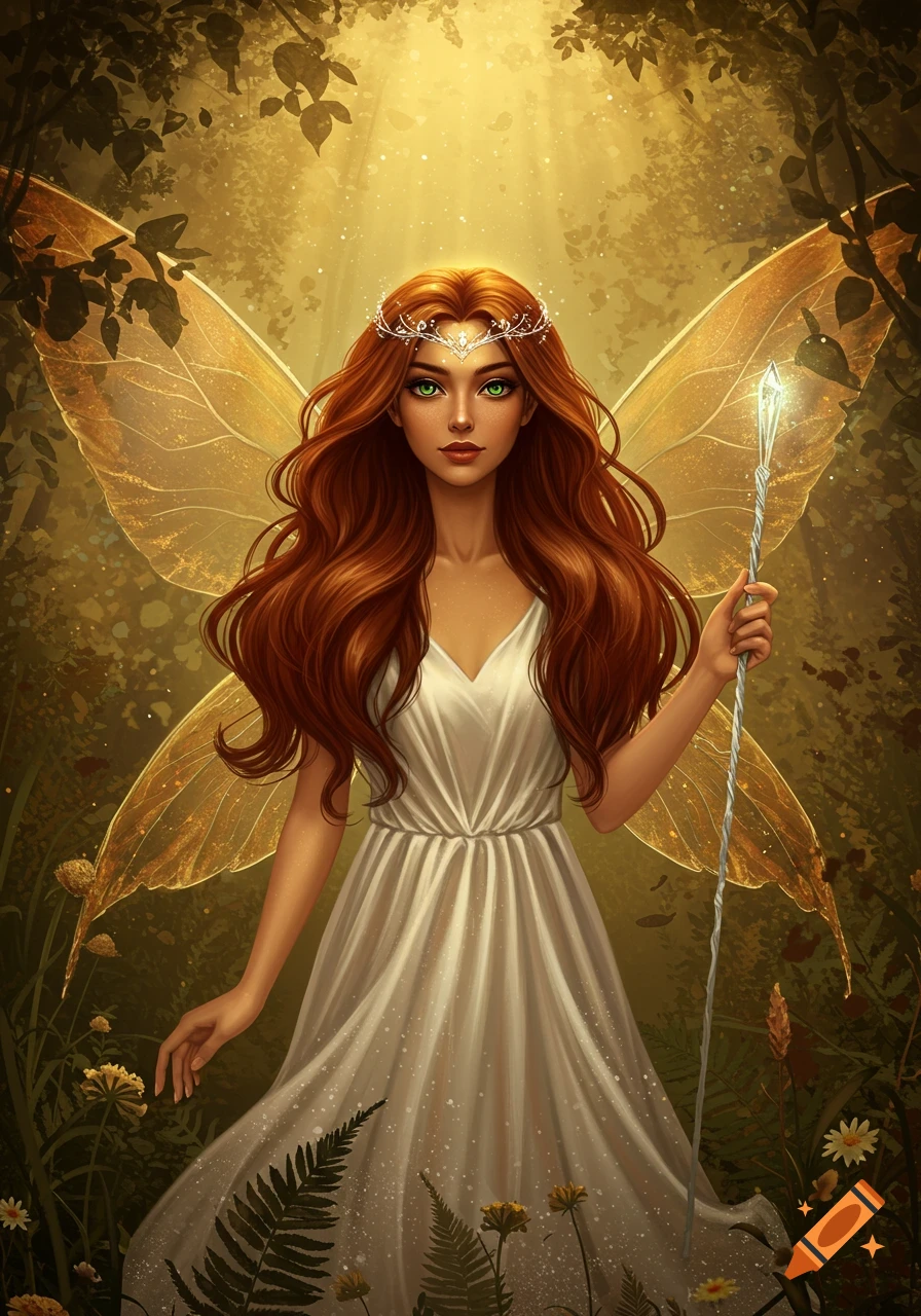 A magical fairy with long red hair, green eyes, tiara, and golden wings, holding a wand in a sunlit forest. Digital art.
