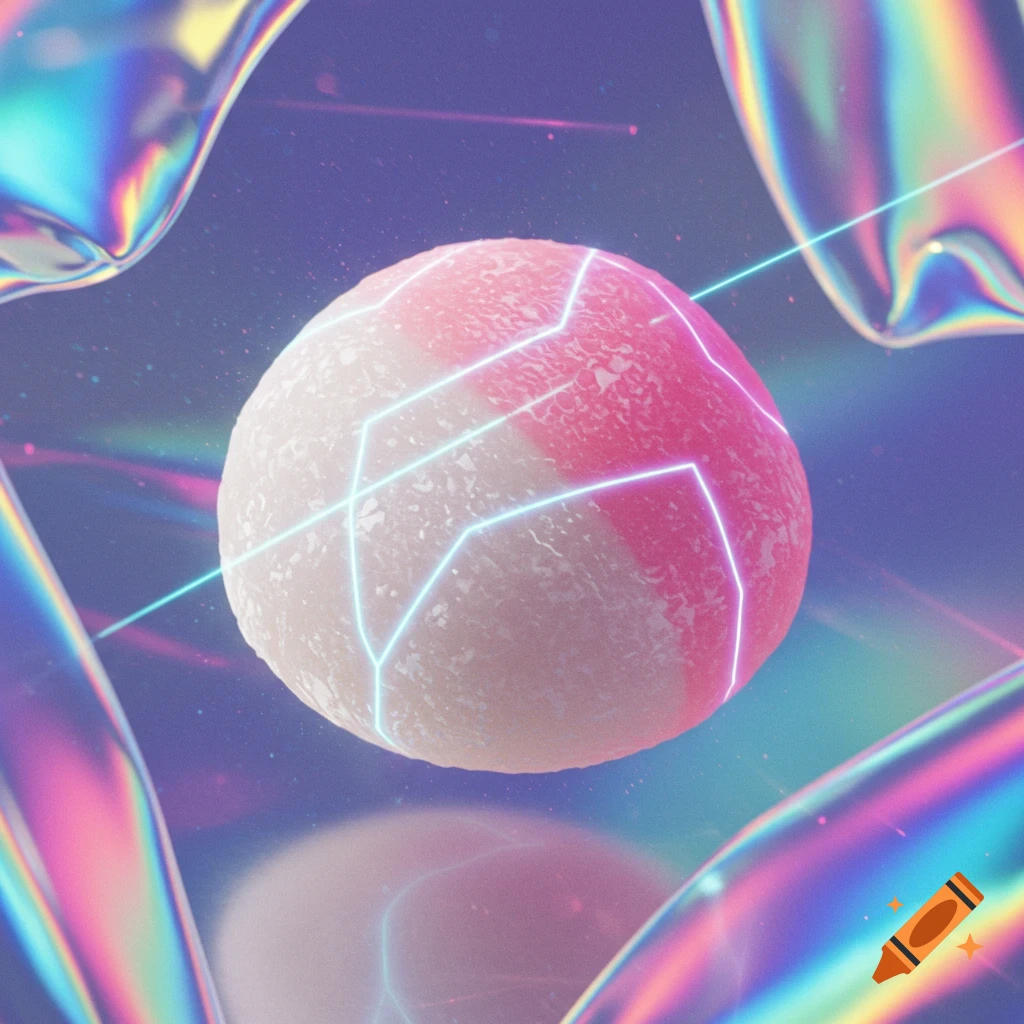 A textured pink and white sphere with glowing neon lines, surrounded by iridescent, fluid shapes in a dark, abstract space.
