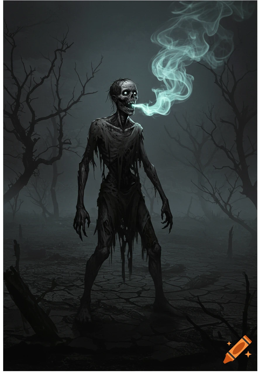A gaunt zombie with glowing eyes exhales light blue smoke in a dark, foggy, desolate landscape with bare trees and cracked ground, digital art.