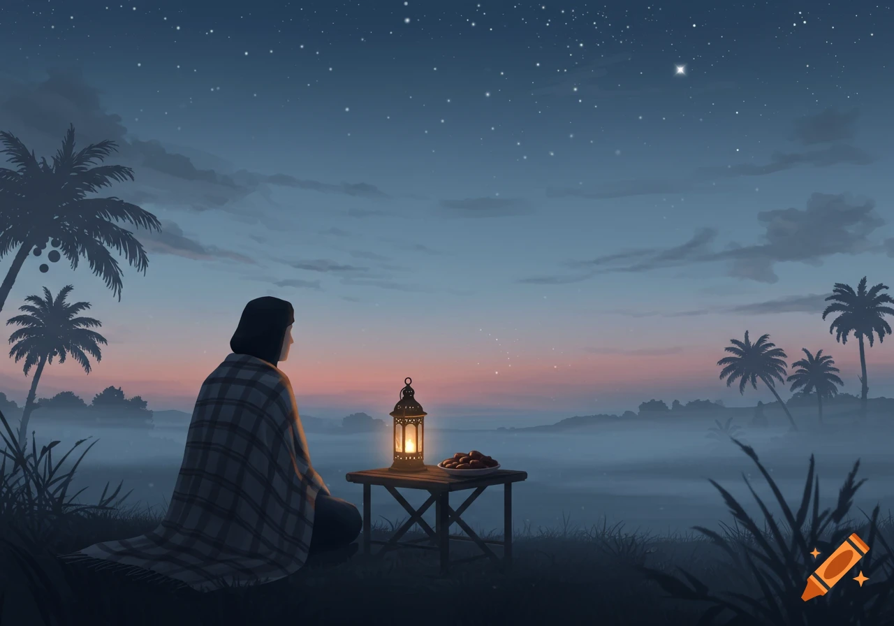Stylized illustration of a person wrapped in a blanket, looking at a lit lantern and food on a table under a starry night sky with palm trees and fog.