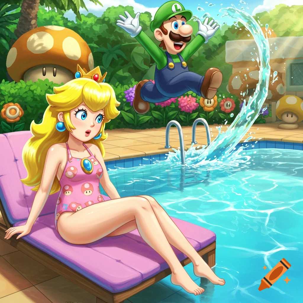 Princess Peach in a pink mushroom swimsuit lounges by a pool as Luigi cannonballs, splashing water, in a bright cartoon style.