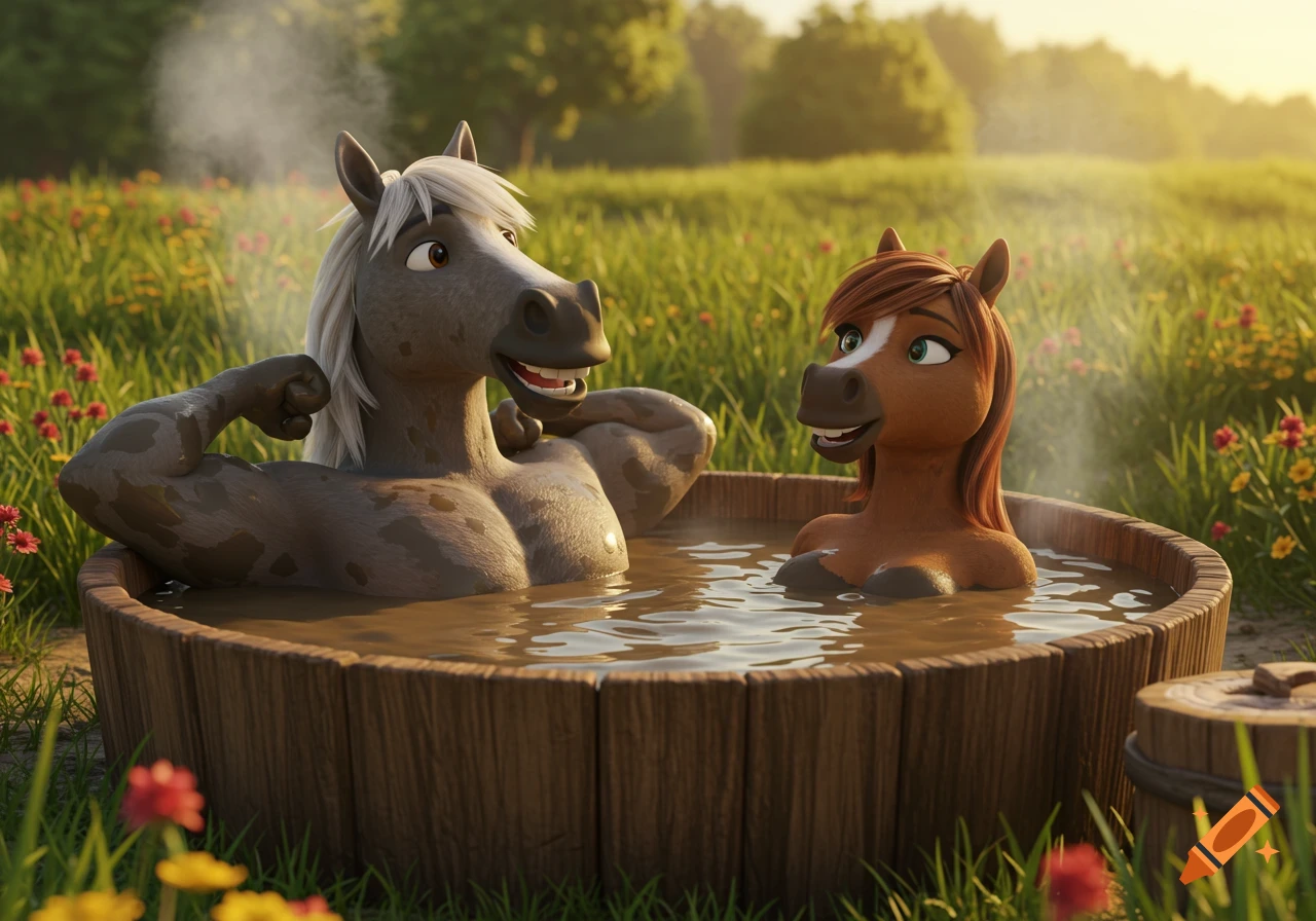 Two anthropomorphic horses relaxing happily in a mud hot tub outdoors in a grassy field, 3D animation style.