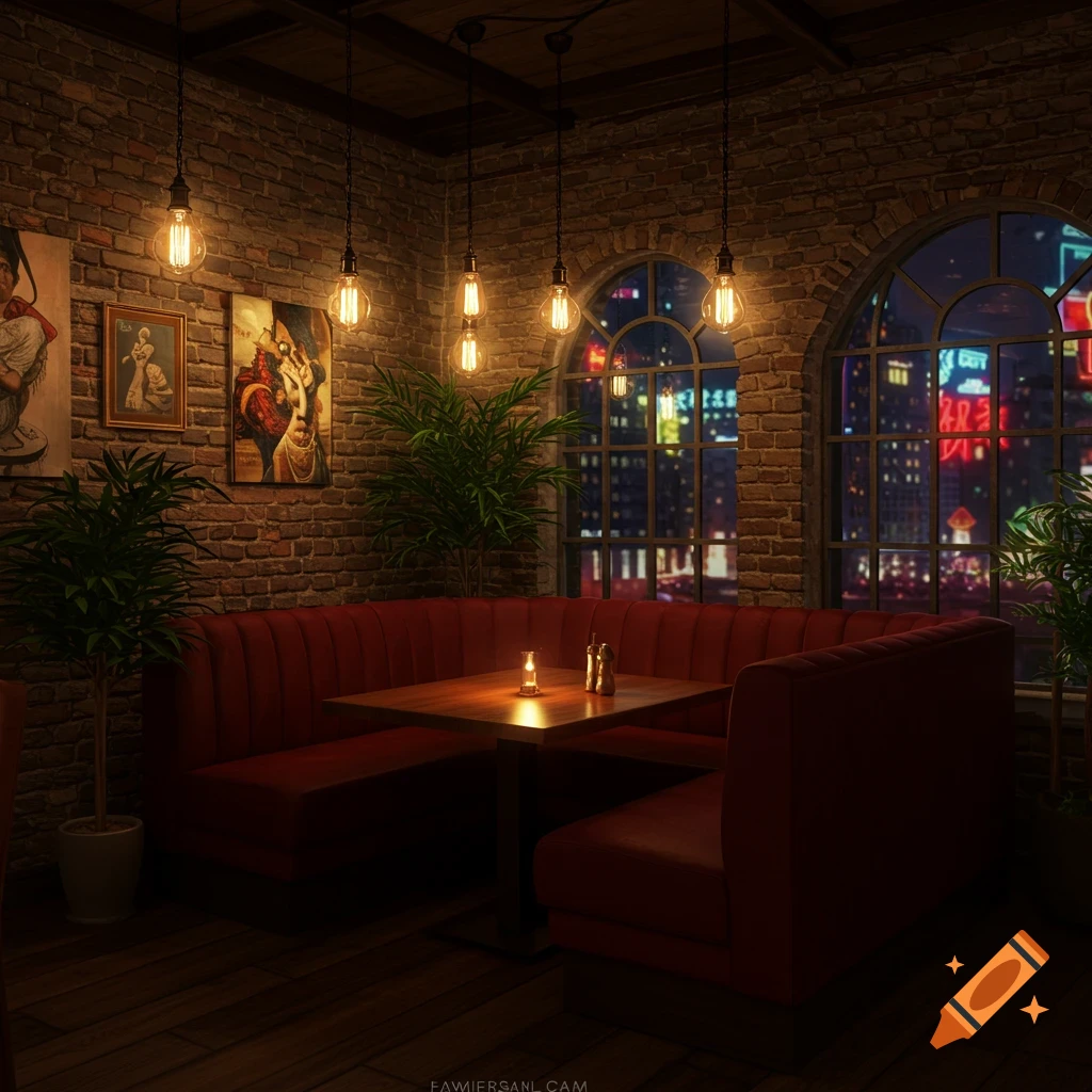 Cozy, dimly lit cafe interior with red velvet booths, brick walls, and hanging Edison bulbs. Arched windows overlook a neon-lit city at night.