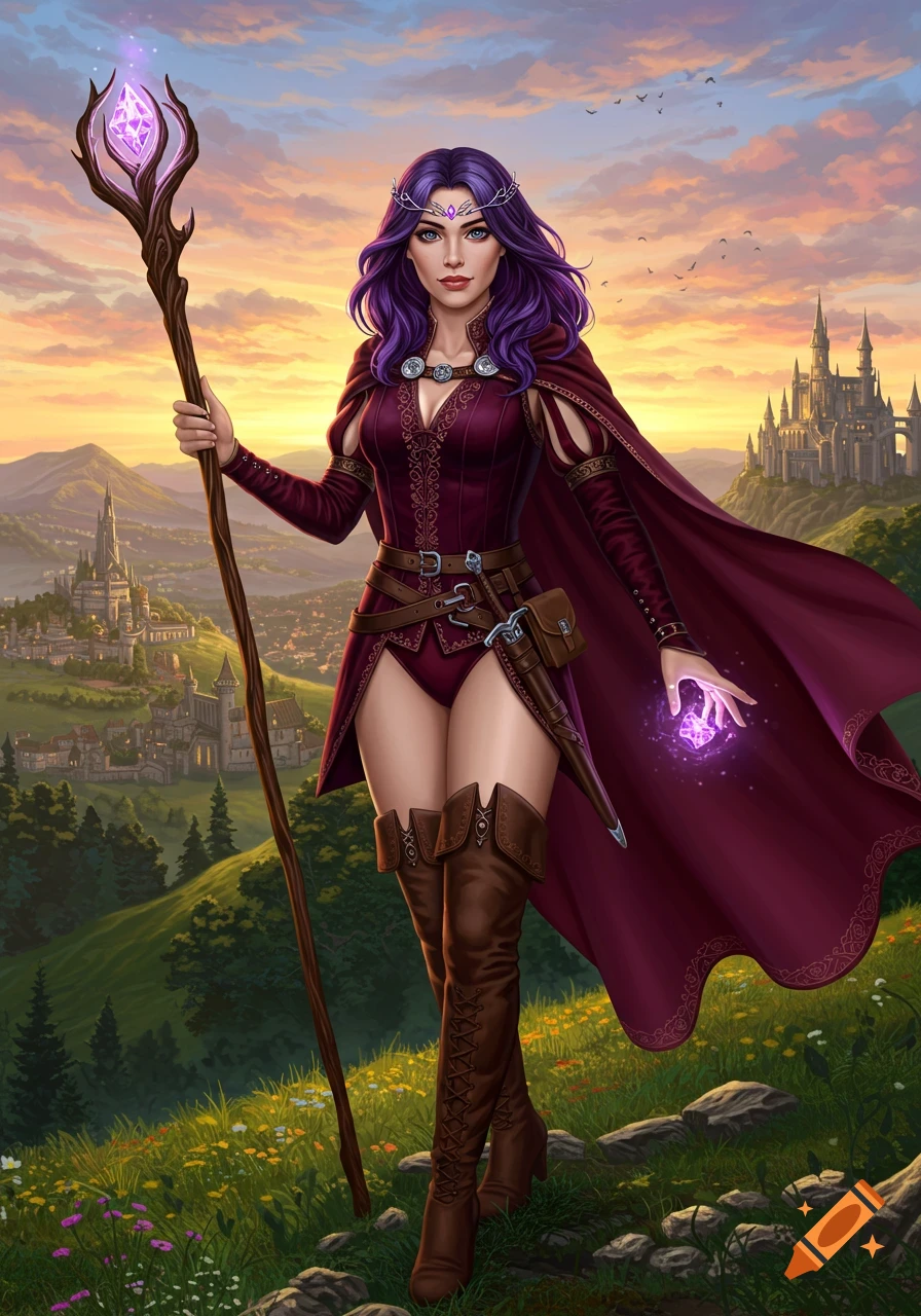 A female mage with purple hair, maroon dress, and a staff, standing on a hill overlooking a medieval city at sunset.