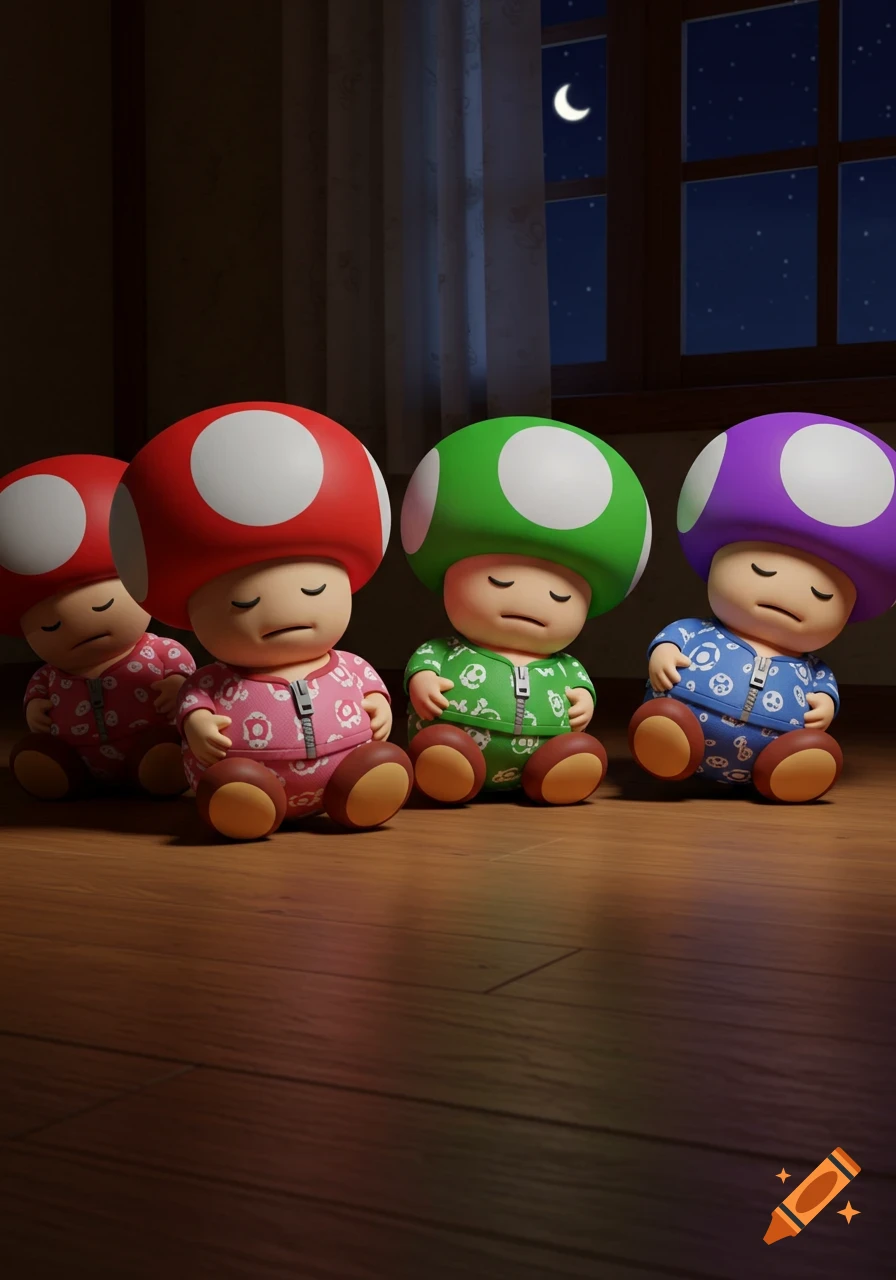 Four sleeping baby Toads from Mario, in pink, green, and purple pajamas, sit on a wooden floor at night, with a window showing the moon and stars.