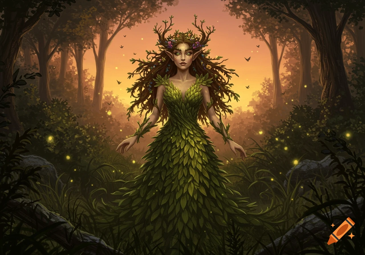 A fantasy illustration of a forest dryad with leaf clothing and branch antlers, standing in an enchanted forest at sunset.