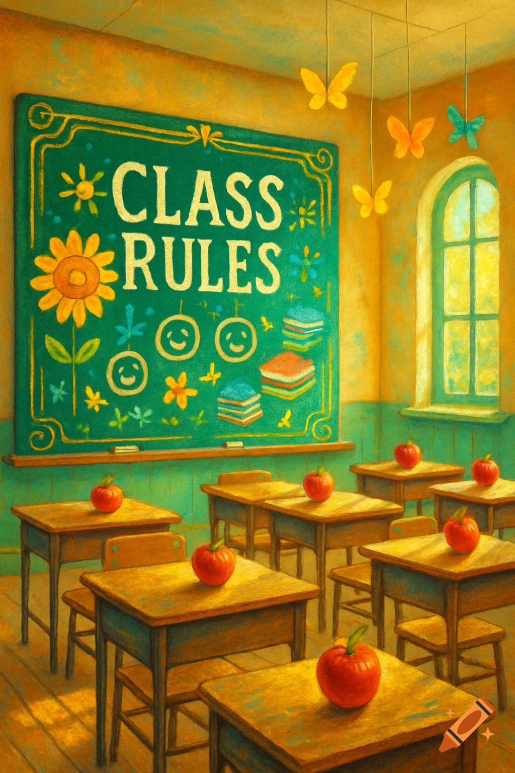 A colorful, painterly classroom with a 'CLASS RULES' chalkboard, wooden desks, red apples, and butterflies near an arched window.