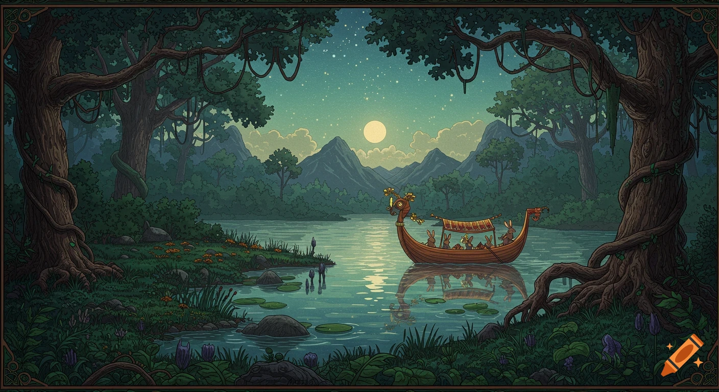 Japanese woodcut of rabbits in a magic boat on a lake, surrounded by a forest and mountains under a starry moonlit night.