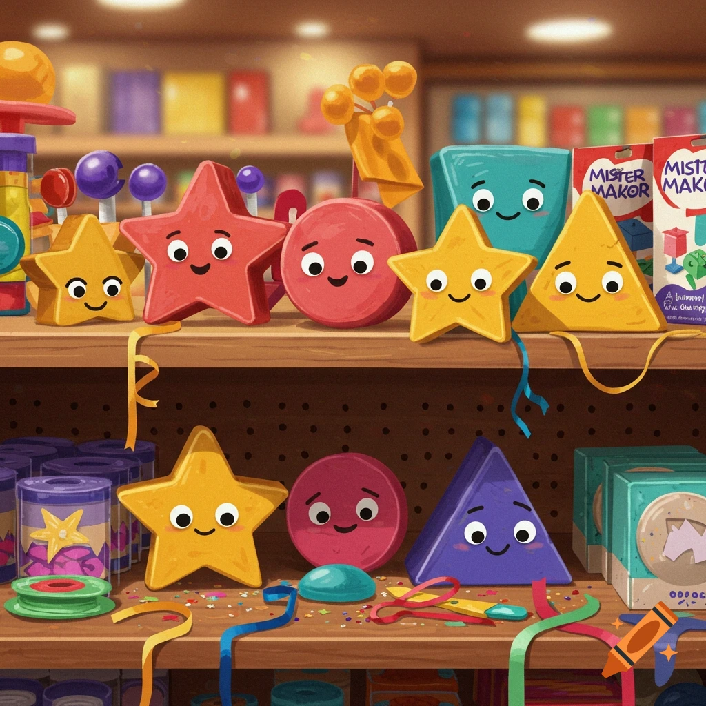 Colorful cartoon geometric shapes with smiling faces displayed as toys on wooden shelves in a store.