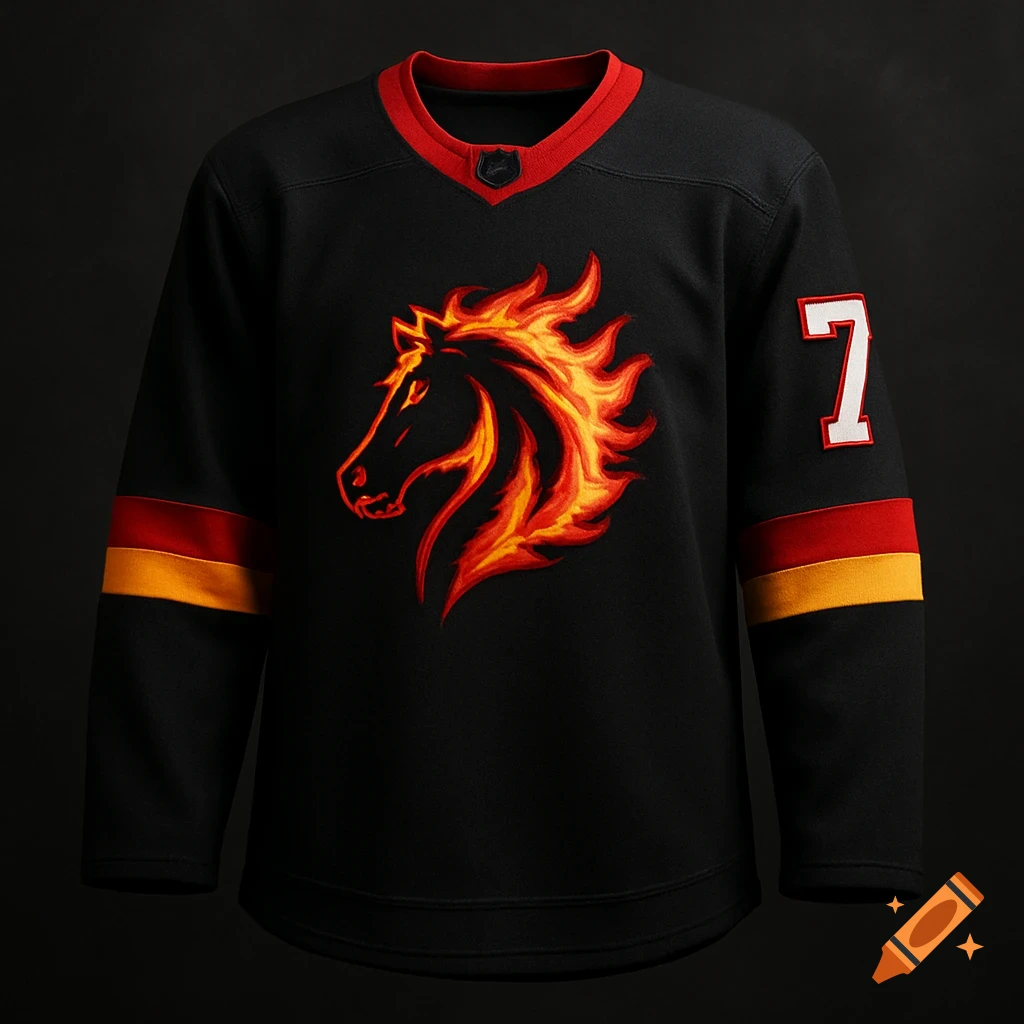 A black hockey jersey featuring a fiery horse head logo, red and gold sleeve stripes, and a white number 7 with red trim.