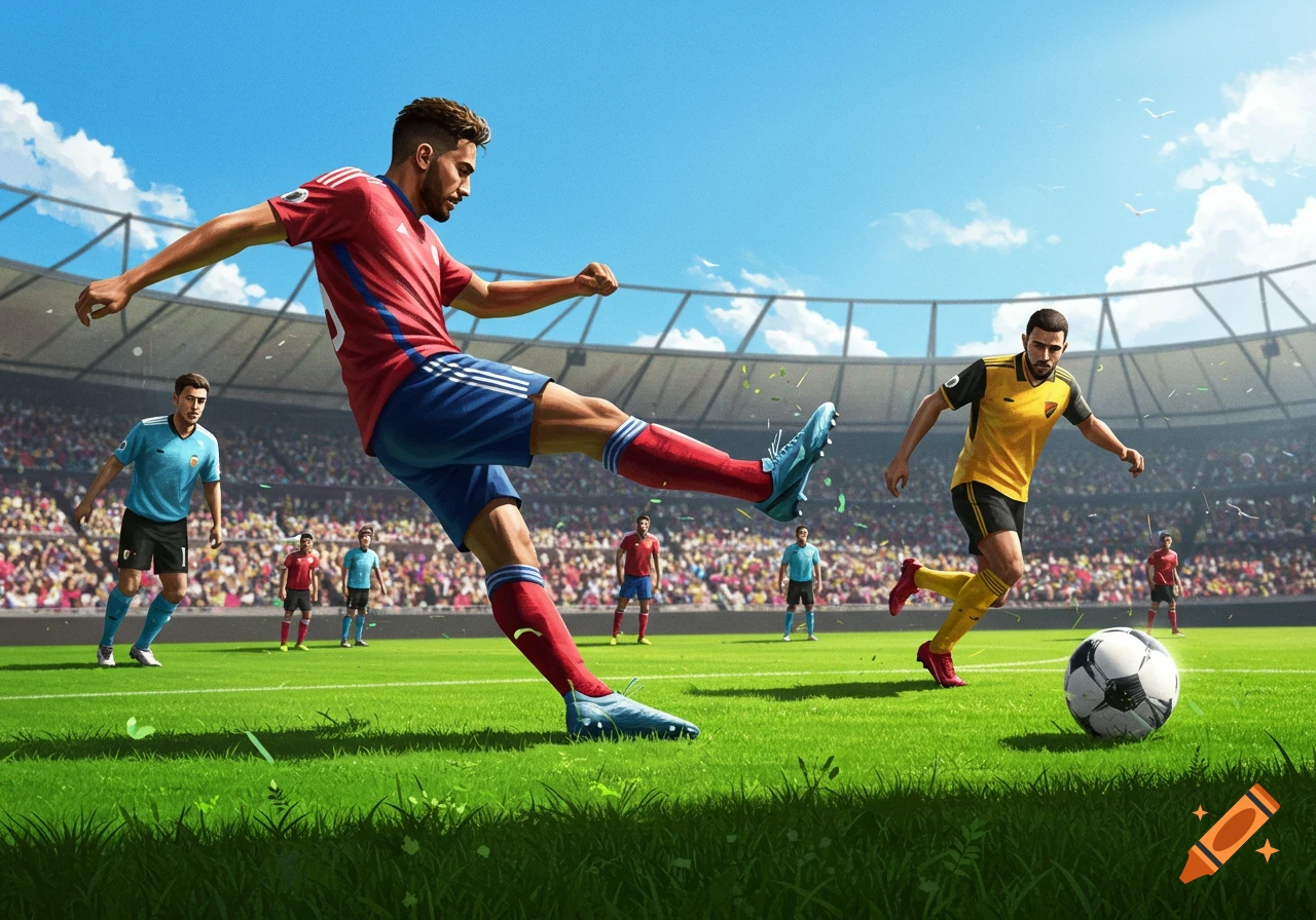 A soccer player in a red jersey kicks the ball on a green field in a stadium during a bright, sunny game.