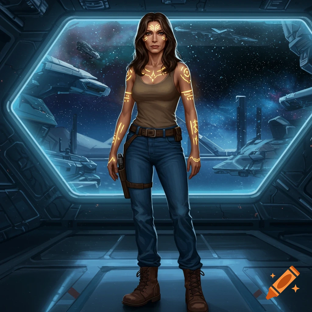 An illustrated woman with brown hair, glowing yellow rune tattoos, wearing a tank top, jeans, and boots, standing in a sci-fi spacecraft hangar.