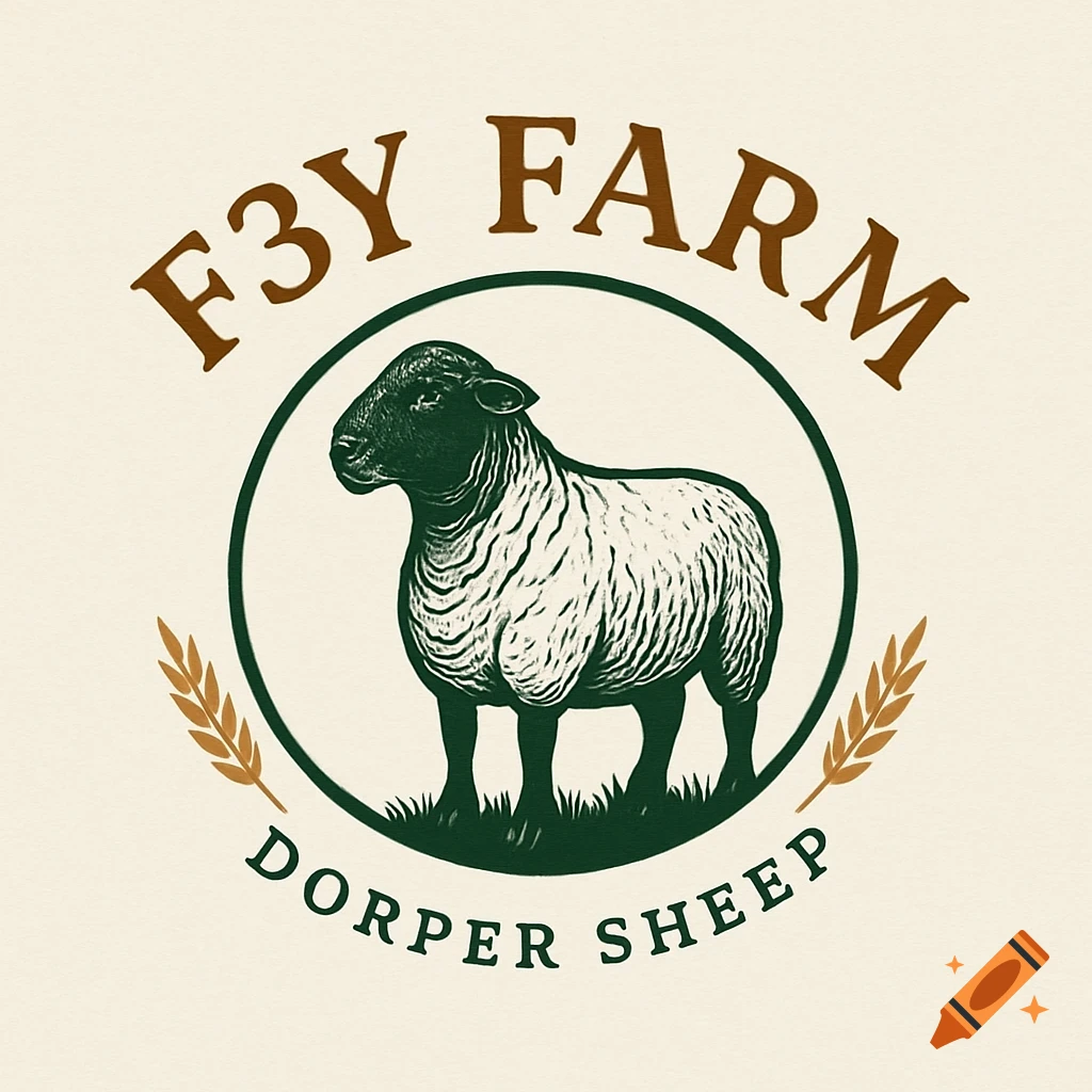 Vintage-style logo for F3Y Farm featuring a Dorper sheep illustration within a green circle, framed by wheat stalks.