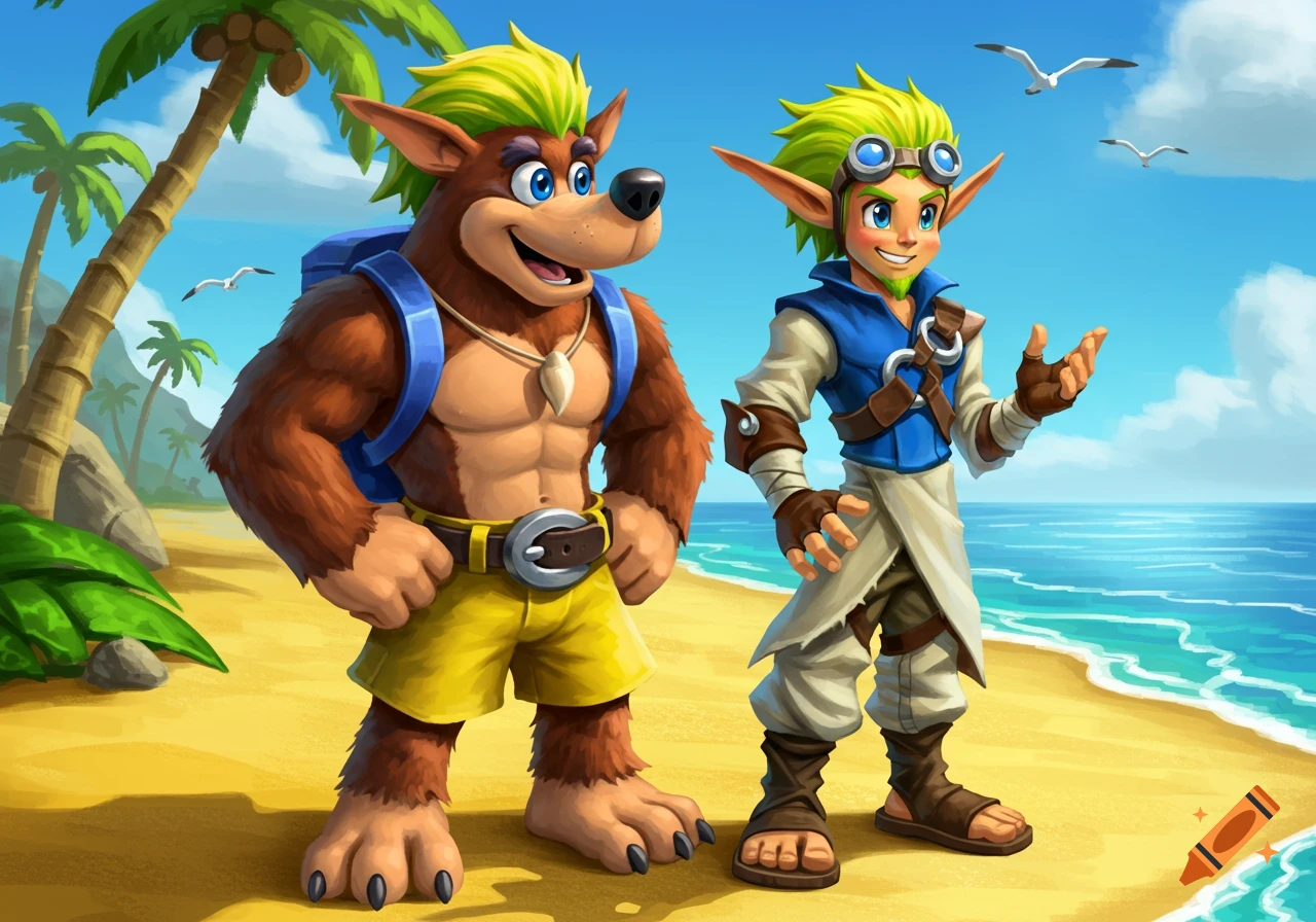 Banjo and Jak, two cartoon characters, stand on a sunny tropical beach. Banjo is a muscular bear with a backpack; Jak is an elf-like boy with goggles.