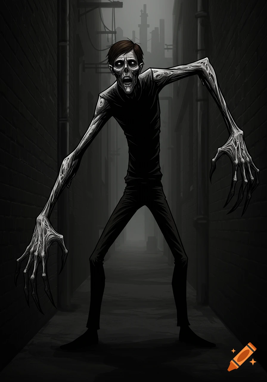 A gaunt, skeletal creature with elongated limbs and clawed hands stands in a dark alleyway in a black and white horror cartoon style.