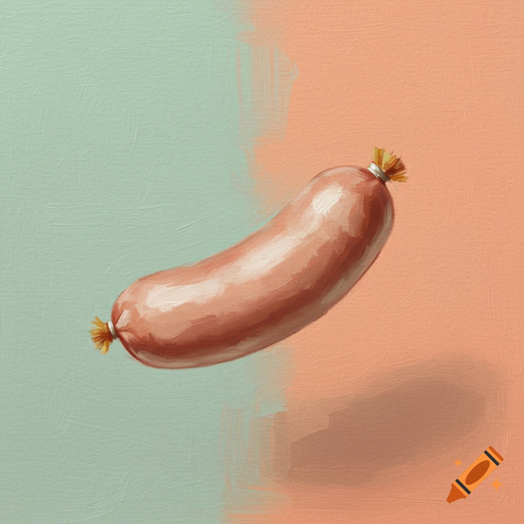 An oil painting of a single leberwurst sausage with visible brushstrokes, floating against a mint green and coral orange abstract background.