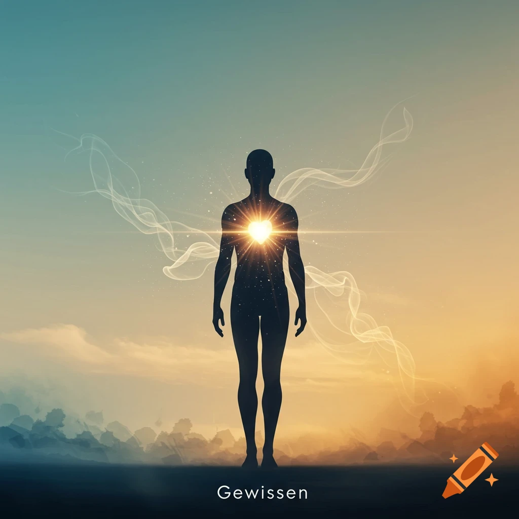 Silhouette of a human figure with a glowing heart in the chest, against a sunset gradient sky, with the word 'Gewissen' below.