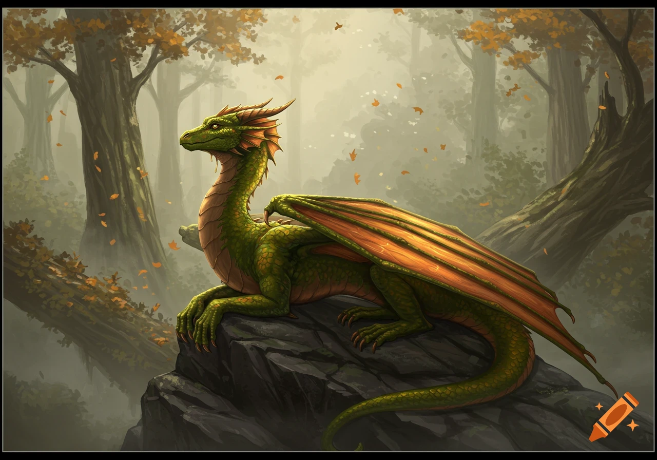 A moss-green dragon with copper wings sits on a stone outcrop overlooking a misty ancient forest in a fantasy art style.