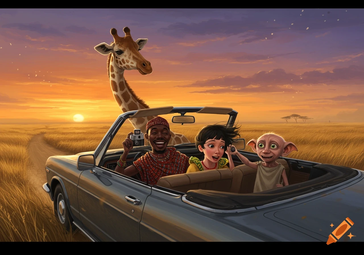 A man, a girl, and Dobby ride in a convertible car through a savanna at sunset, with a giraffe looking over the car.
